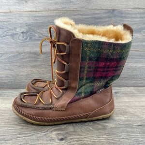 LL Bean Wicked Good Lodge Boots Womens 11 Brown Plaid Shearling Leather 303647